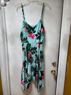 London Times Aqua Floral Asymmetrical Sundress